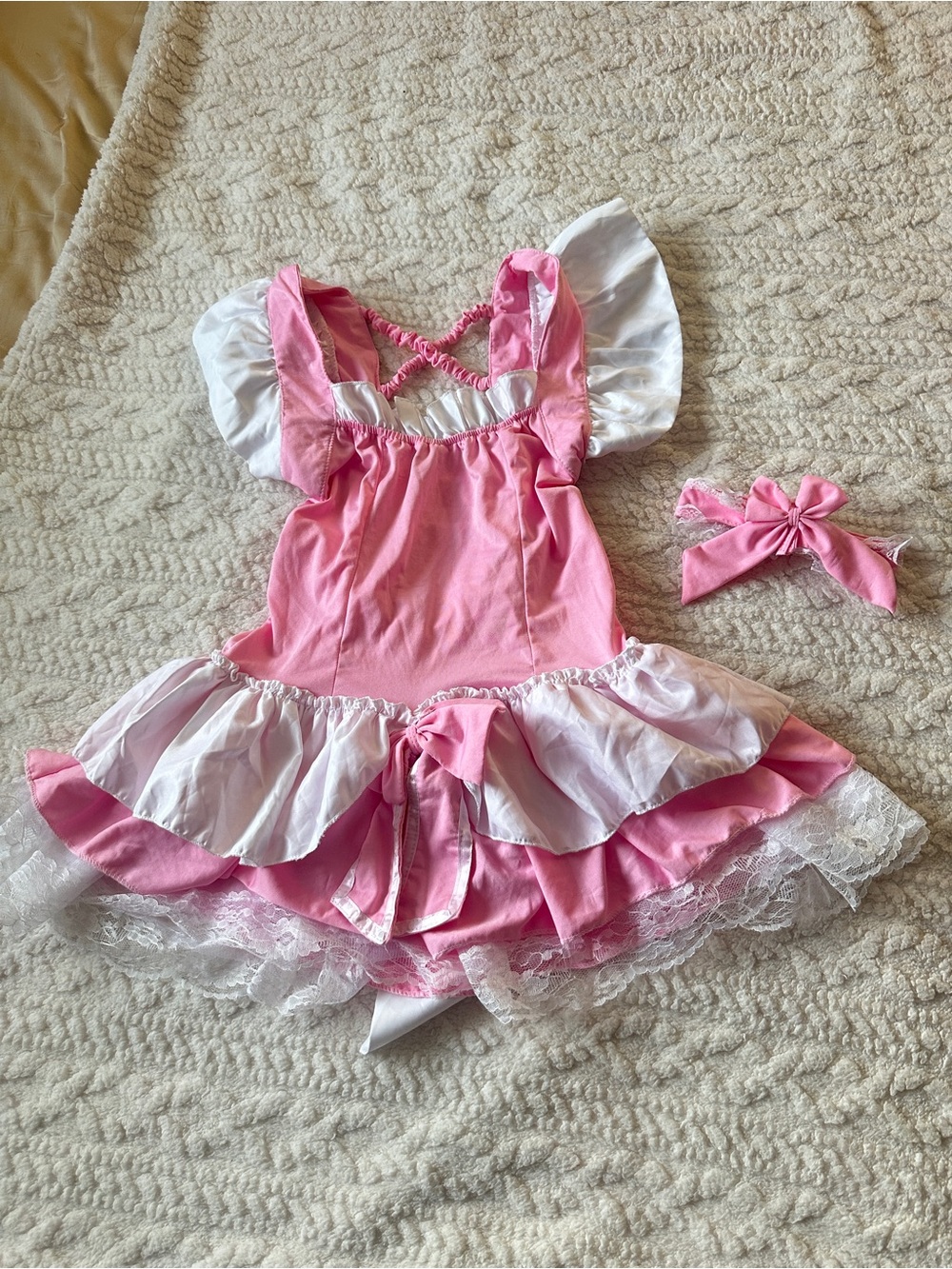 Pink Frilly  Lace Apron Maid Dress cosplay costume cute With Bow and bow choker
